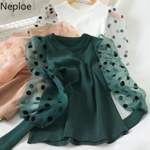 Neploe Spring 2021 Dot Print Mesh Patchwork Women Sweater Casual O Neck Long Sleeve Pullovers Fashion Slim Fit Female Tops 80864