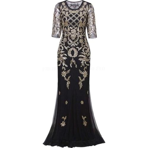 Vintage 1920s Great Gatsby Long Party Dresses 2/3 Sleeve Sequin Beaded Flapper Cocktail Party Plus Size Formal Gown