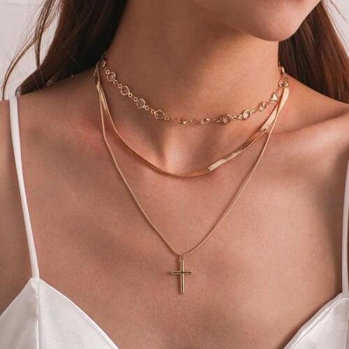 Vintage Multilayer Snake Blade Chain Cross Pendant Necklace Women Elegant Crystal Beads Choker Geometric Necklace Party Jewelry