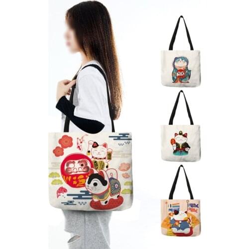 Japanese Style Lucky Fortune Cat Design Handbags for Women 2021 Shopping Bag for Boutique Groceries Daily Shoulder Beach Bags