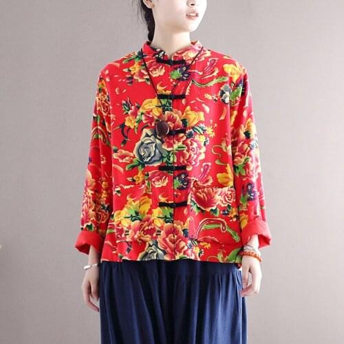 Johnature Women Vintage Print Floral Shirts Tops Stand Long Sleeve Button Chinese Style Blouses Loose Pockets 2021 Spring Shirts