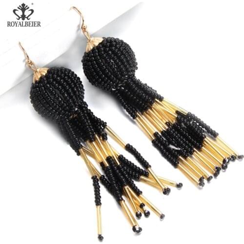 ROYALBEIER 6 Colors Women Fashion Crystal Glass Beads Handmade Long Tassels Drop Earrings Jewelry Party Dangle Earrings ES0274