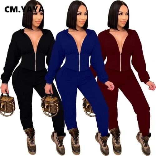 CM.YAYA Activewear Womens Set Girdling Hooded Zip Crop Tops Jogger Pants Set Sporty Tracksuit Fitness Two Piece Set Outfits