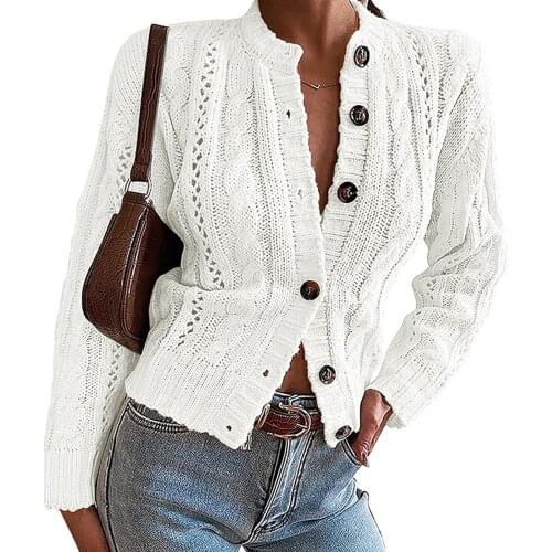 Women Sweater with Twist Knit Cardigan Hollow Buttons Simple Color Casual Style Long Sleeve Sweaters Jumpers Spring Clothing