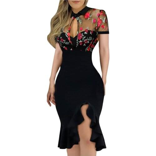 Slit Ruffles Dresses Hem Floral Pattern Dress Slimming Femme Robe Slit Hollow Out Vestidos Lace Short Sleeve Dress Sukienka