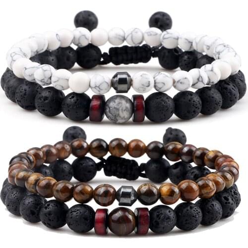 2Pcs/Set Beaded Elastic Mens Bracelet 6mm Black Natural Lava Stone Yoga Jewelry Femme Braided Couples Bracelets&Bangles Gifts