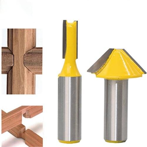 2pcs/set flat bottom V-shape milling cutter 1/2 shank woodworking tools miter router kit for woodworker cutting carbide alloy