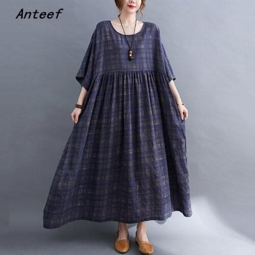 Anteef short sleeve oversize cotton vintage plaid dresses for women casual loose long woman summer dress elegant clothes 2021