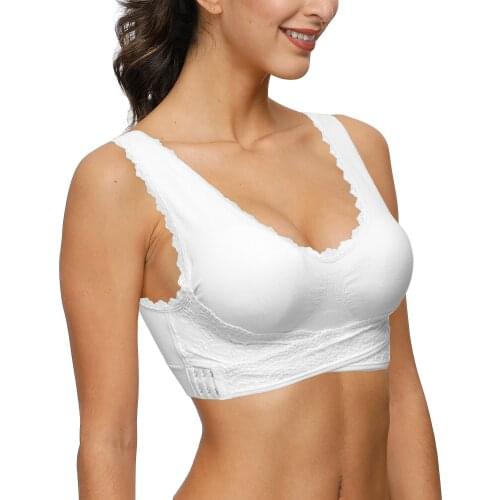 Womens White Bra Front Closure Thin Padded Lace Bras Shock-proof Anti-slip Seamless Fitness Gathers Wireless Push Up Bras
