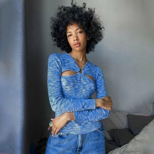 Dourbesty Fashion Tie Dyed Printing Women’s Long Sleeve T-shirt V-neck Cut Out Pullovers Ribbed Slim Fit Tops For Mujer 2021