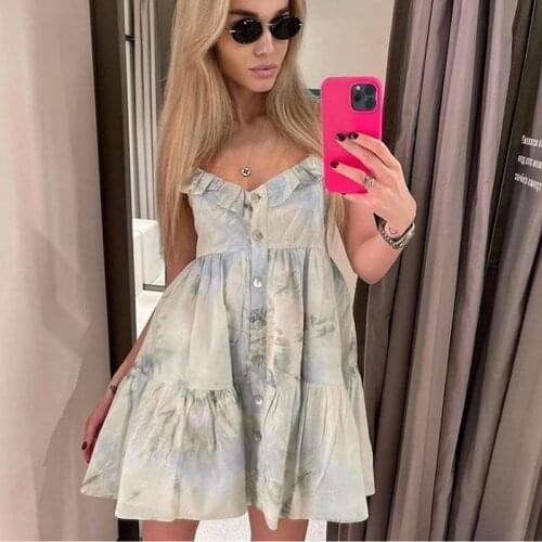 Foridol Tie-dyed Ruffle Button Up Summer Dress Short Mini Beach Casual Loose Print Dress Sundress 2021 Strap Beach Dress Vestido