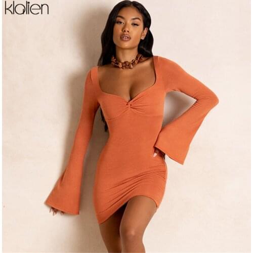 KLALIEN Fashion Elegant Office Lady Flare Sleeve V Neck Dress For Women Autumn New Streetwear Solid Slim Stretch Bodycon Dress