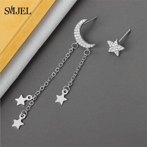 Korean Boys Metal Punk Asymmetry Earrings Moon Star Long Chain Pendant Women Hip Hop Grunge Ear Clip Moon Star Drop Earring