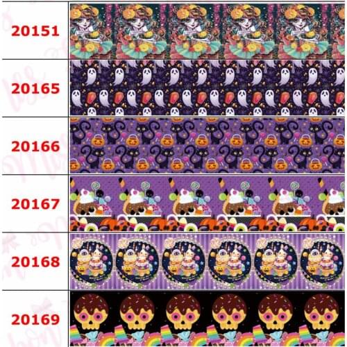 16mm-75mm Halloween Series Pumpkin Cartoon Cat Printed Grosgrain/Foe Ribbon Doughnut Ghost DIY Hair Bowknots 50yards/roll