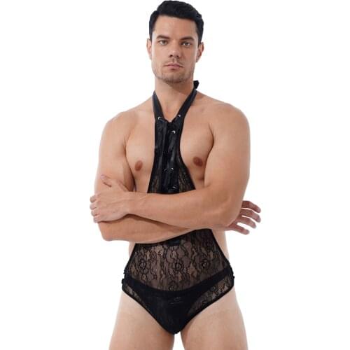 Men Halter Lace-up Floral Lace Leotard Lingerie Bodysuit See-through Mesh Bodycon Teddies Open Butt Erotic Catsuit Jumpsuits