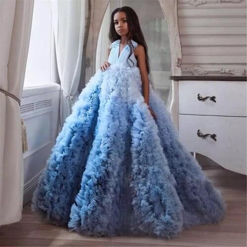 Sky blue sleeveless ruffles shade girls birthday dresses v neck backless girls celebration pageant dress long train gowns custom