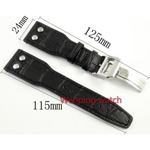 Parnis New Watch Strap Deployment Buckle 24mm Black Genuine Leather with Round nail Watchband for Watches P96