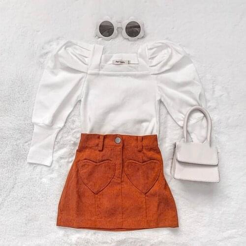 FOCUSNORM 1-6Y Fashion Kids Girls Clothes Sets Solid Long Puff Sleeve Off Shoulder T Shirts Corduroy A-Line Skirts