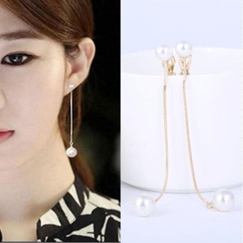 Korean Simulated Pearl Long Tassel Bar Clip on Earrings For Women OL Style Sweet Dangle Brincos Party Jewelry Gift Wholesale