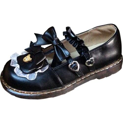 Lovely Girl Lolita Shoes Women Pu Leather Shoes Bear Button Heart Buckle Lace Shoes Low Heels Mary Janes Princess Shoes