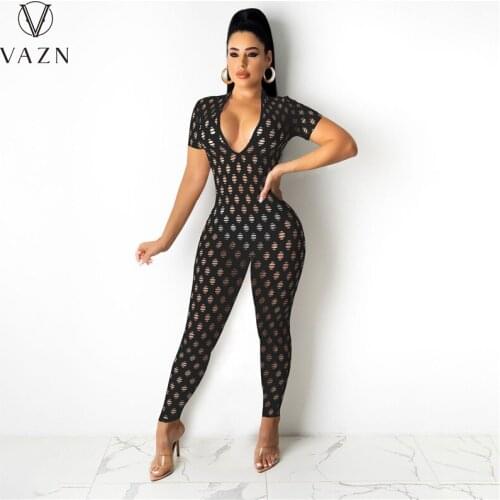 VAZN 2021 Hole Out Chic Ladies Slim V-neck Shinny Sexy Lady Women Party Beach Jumpsuits Full Pant Bandage Rompers