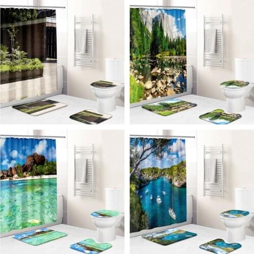3D Natural Forest Lake Landscape Waterproof Fabric Bathroom Curtain Shower Curtain Cover Non Slip Carpet Toilet Cover Bath Mat