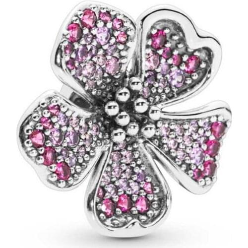 Genuine 925 Sterling Silver Bead Big Peach Blossom Flower Charm Fit Pan Women Bracelet & Necklace Diy Jewelry