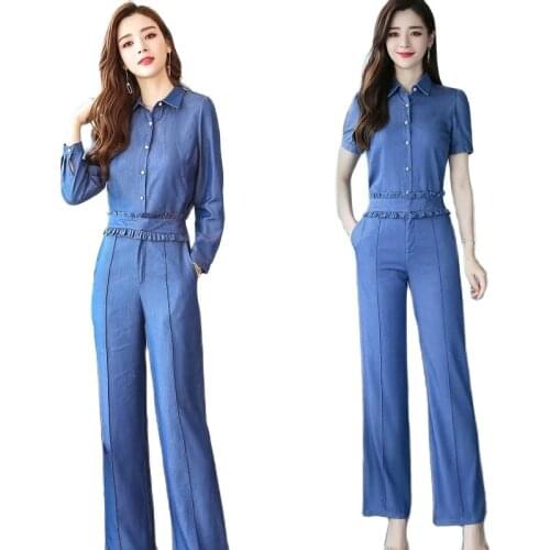Tencel Denim Women Pants Suit 2021Summer New Wide Leg Pants Casual Thin Temperament Short Sleeve Shirt Ladies Two-Piece Suit