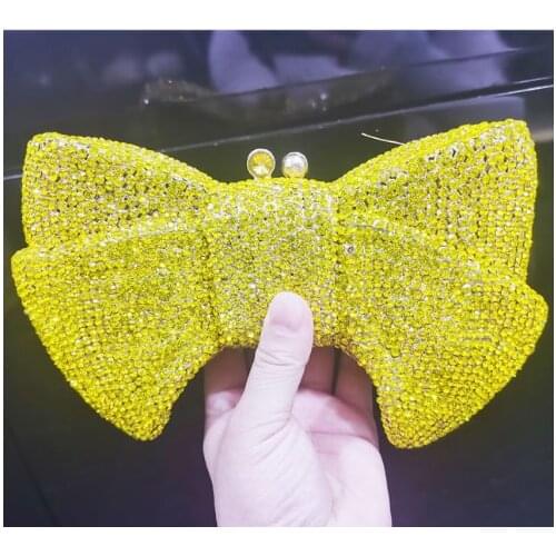 Women Bow Crystal Yellow/Purple/Blue/Green/Red Clutch Box Evening Bags Metal Minaudiere Rhinestone Handbags Wedding Party Purse