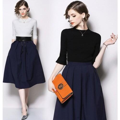High Quality Women 2020 New 2 Piece Set Elegant Slim Flare Sleeve Knitting Pullover + High Waist Leisure Half Body A-word Skirt
