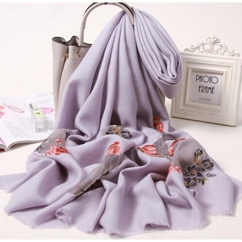Wool Scarf Women 2021 Brand Floral Embroidery Muffler Shawls and Wraps Ladies Oversize Elegant Foulard Pure Wool Warm Scarf