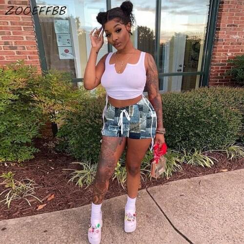 ZOOEFFBB Rib Print Two Piece Set Womens Tracksuit Crop Top Bandana Shorts Sweat Suits Summer Clothes Streetwear Matching Sets
