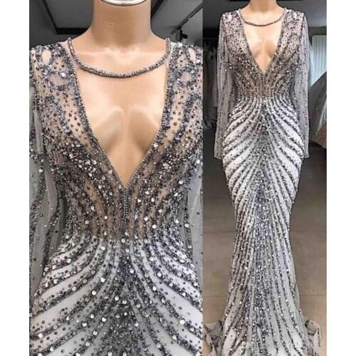 Luxury Beaded Mermaid Prom Dresses Real Image Sheer Long Sleeve Sexy See Through Women Occasion Pageant Evening Gowns