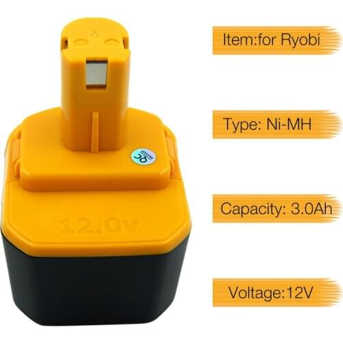 B-1230H B-1222H 3000mAh Ni-MH Replacement Rechargeable 12V Battery for Ryobi CHD1202 CTH1201 BID-123 B-1220F2 B-1203F2 1400652