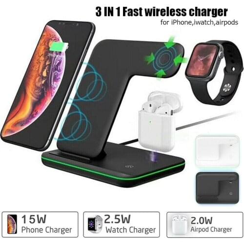 3 in 1 Wireless Charging Stand For Apple Watch AirPods Charging Station Qi 15W Fast Wireless Charger for iPhone Samsung Huawei