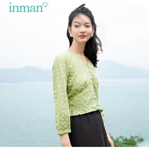 INMAN Womens Green Blouse Elegant Causal Cotton Tunics Shirt Lace V-neck Hollow Embroidered Ruffle Hem Long Sleeve Female Top