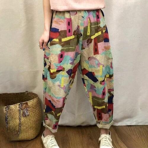 Large size womens pants loose nine-point pants harem pants wide-leg 2021 summer thin new cotton and linen printed pants plaid