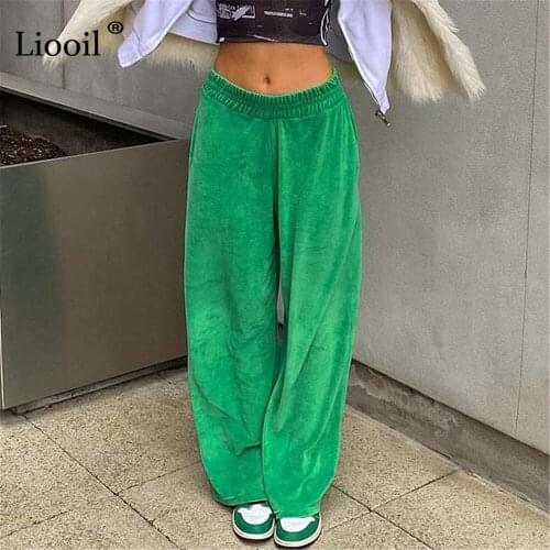 Liooil Casual Loose Wide Leg Pants Women Green Slacks New 2021 Autumn Streetwear High Waist Trousers Bottoms Sexy Long Pants