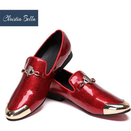 Christia Bella Trend Men Gold Leisure Dress Shoes Patent Leather Round Toe Casual Slip on Wedding Shoes Party Dance Shoes Summer