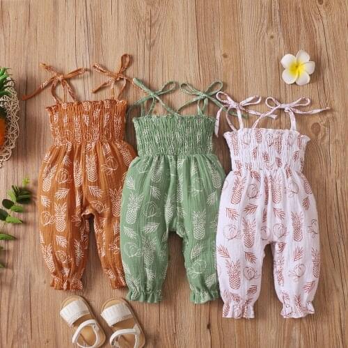 2021 Infant Baby Pineapple Print Long Romper, Girls Sleeveless Stretchy Sling Jumpsuit with Ruffle for Summer