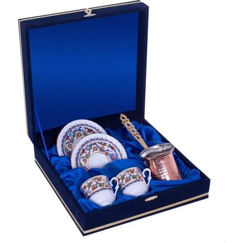 Dual Copper Cezveli Velvet Boxed Porcelain Coffee Cup Pad Set Orn 761