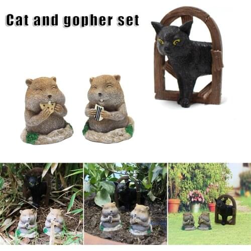 HOT Cat and Gopher Ornament Set Lovely Resin Animals Figurines for Home Garden Courtyard Decoration