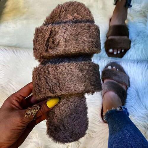 Faux Fur Warm House Slippers Women 2020 New Fashion Womens Slippers Winter New Hedging Buckle Flat Home Slippers 35-43