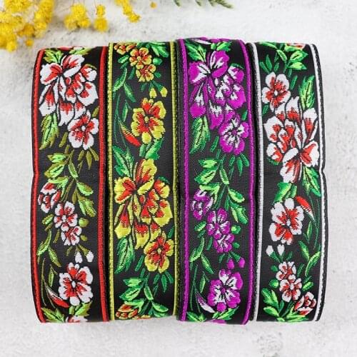 7 Yards 3.3cm Black Background Red Flowers Pattern Jacquard Embroidery Ribbons Woven Lace Trim For Clothing Bag DIY Decorative