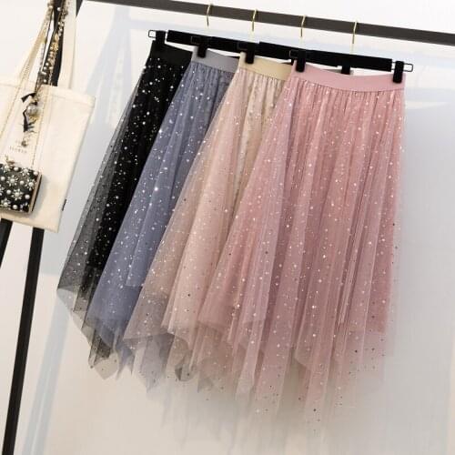 Korean Fashion Kawaii Skirt Sequined Starts Design Elastic High-Waisted Skirt Women Summer Mesh Sweet Fairy Pleated Long Skirts