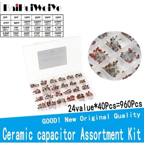 960PCS/LOT Ceramic capacitor Assortment Kit BOX Set 2PF-100NF 24value*40Pcs 50V Electronic capacitors Components DIY Package