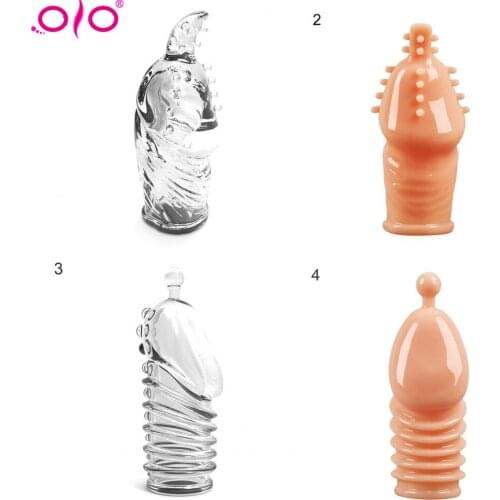 OLO Crystal Extension Reusable Condoms Penis Sleeve Male Enlargement Delay Spike sleeve Clitoris Massager Cover Adult Sex Toy