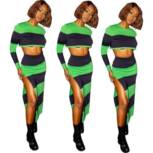 2021 Summer New Style Sexy Popular Fashion Stitching Striped Hollow Long-Sleeved Suit Skirt