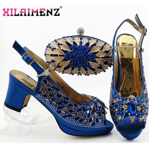 Autumn Special Design Nigerian Women Latest Shoes and Bag Set Christmas Party Shinning Crystal Shoes Matching Bag in Royal Blue