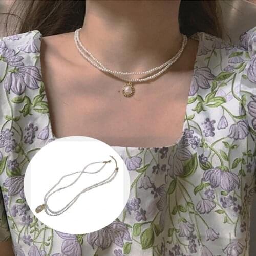 Elegant Romantic Luxury Women Baroco Style Alloy Faux Pearl Double Layer Pendant Choker Necklace for Party